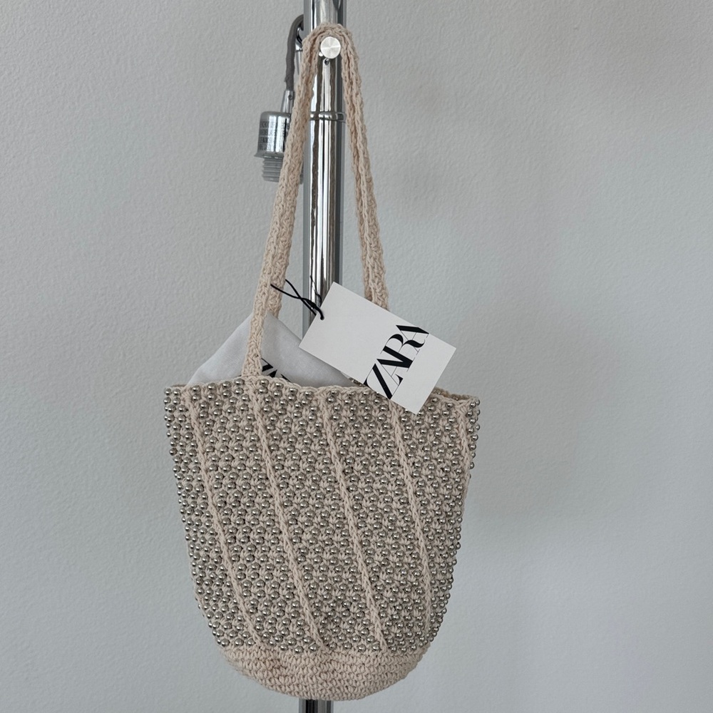 Zara Textured Beige Tote Bag with embellishment, Size: M, NWT